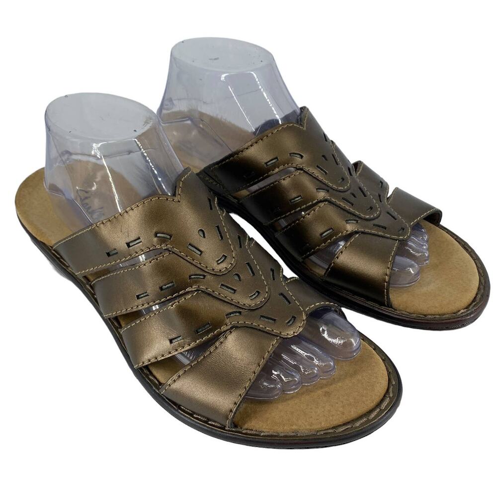 Women's CLARKS Bendables 9W Wide Slides Bronze Leather Comfy Boho Sandals 37437